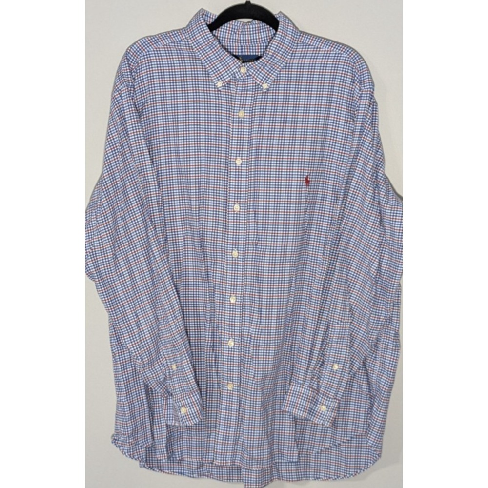 Ralph Lauren Long Sleeve Button Down Blue & Red Check Plaid Red Pony Logo 2XB